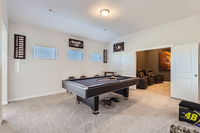 rec room featuring light colored carpet, vaulted ceiling, and billiards