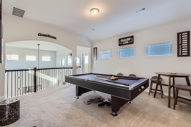 game room with pool table and carpet flooring