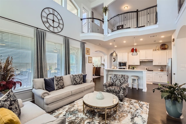 living room with a high ceiling and dark hardwood / wood-style floors