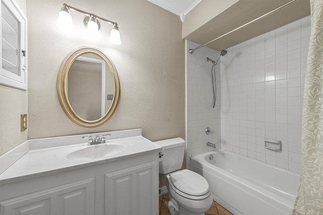 full bathroom featuring shower / bath combo, tile patterned floors, vanity, crown molding, and toilet