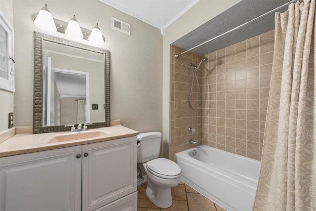 full bathroom featuring ornamental molding, vanity, shower / bath combo with shower curtain, tile patterned flooring, and toilet