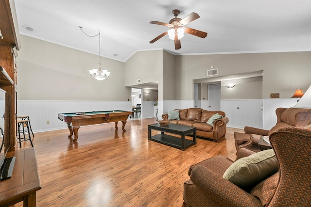 rec room featuring billiards, crown molding, light hardwood / wood-style floors, vaulted ceiling, and ceiling fan with notable chandelier