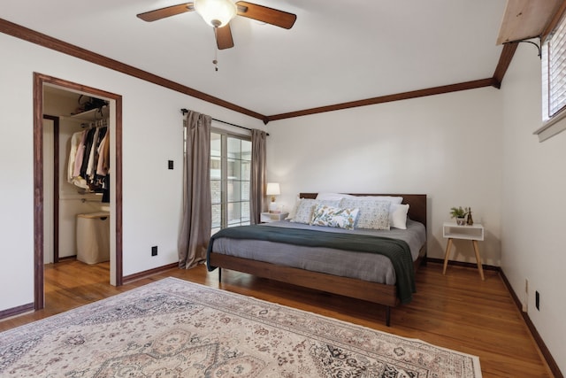 bedroom with a walk in closet, ceiling fan, crown molding, and hardwood / wood-style flooring