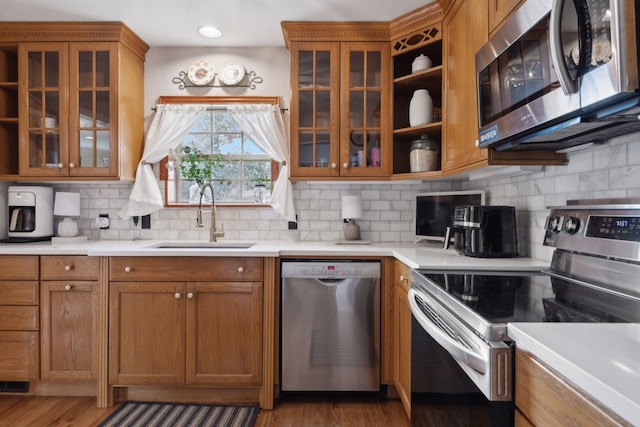 kitchen with hardwood / wood-style flooring, sink, appliances with stainless steel finishes, and tasteful backsplash