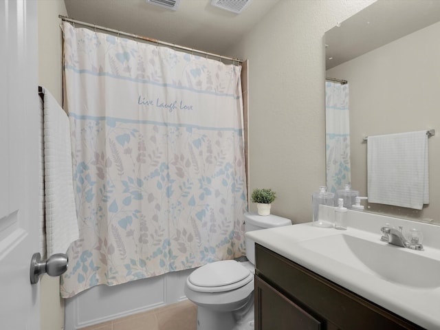 full bathroom with toilet, vanity, tile patterned flooring, and shower / bathtub combination with curtain