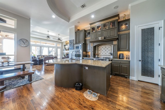 kitchen with a tray ceiling, dark hardwood / wood-style flooring, light stone countertops, and a center island with sink