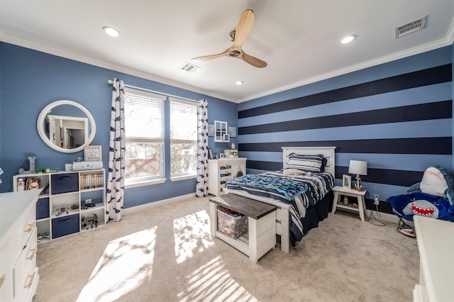 bedroom featuring light carpet, ceiling fan, and ornamental molding