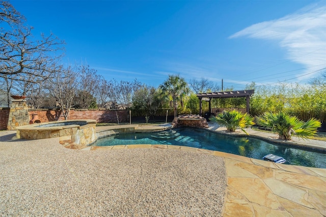 view of swimming pool featuring an in ground hot tub, a pergola, and a patio