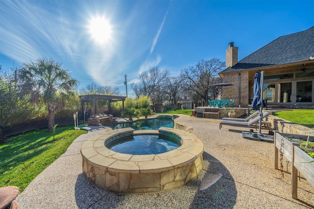 view of pool with a patio area, a pergola, an in ground hot tub, and a yard