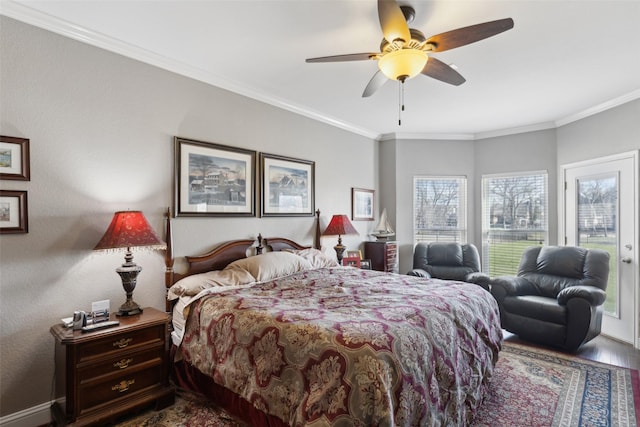 bedroom with ceiling fan, ornamental molding, hardwood / wood-style floors, and access to outside