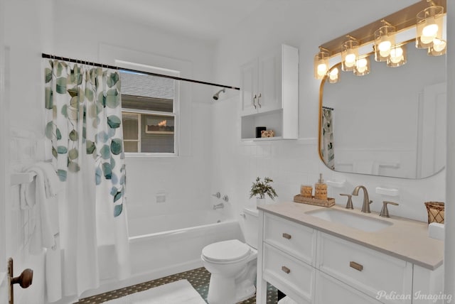 full bathroom featuring tasteful backsplash, vanity, shower / bath combo with shower curtain, tile walls, and toilet