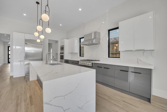 kitchen featuring decorative backsplash, a kitchen island with sink, wall chimney range hood, pendant lighting, and built in appliances