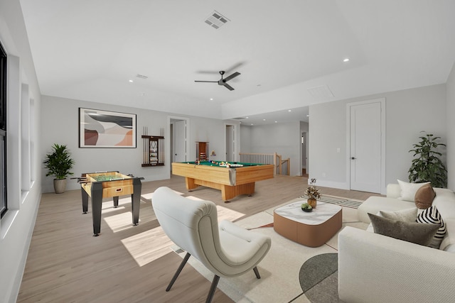 rec room featuring ceiling fan, light wood-type flooring, and pool table