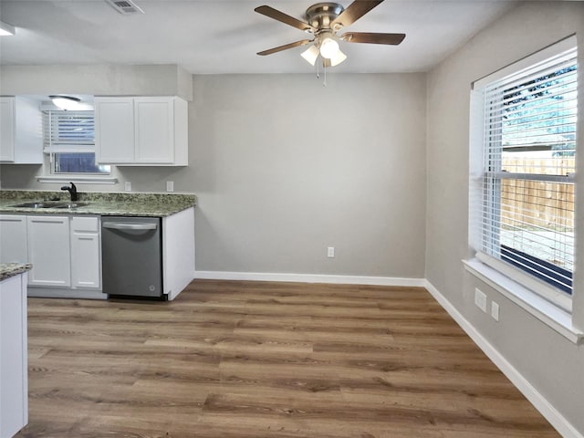 kitchen featuring sink, white cabinetry, hardwood / wood-style floors, and stainless steel dishwasher