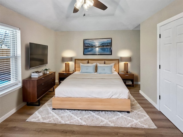 bedroom featuring ceiling fan, a raised ceiling, and hardwood / wood-style flooring