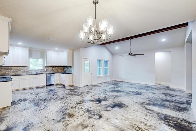 kitchen with backsplash, ceiling fan with notable chandelier, lofted ceiling with beams, dishwasher, and white cabinetry