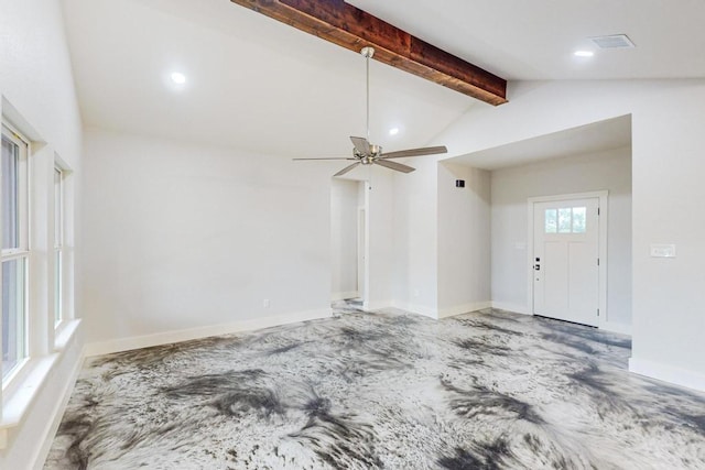 unfurnished living room featuring lofted ceiling with beams and ceiling fan