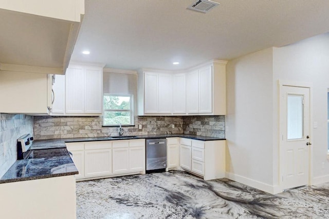 kitchen with tasteful backsplash, sink, electric range, dishwasher, and white cabinetry