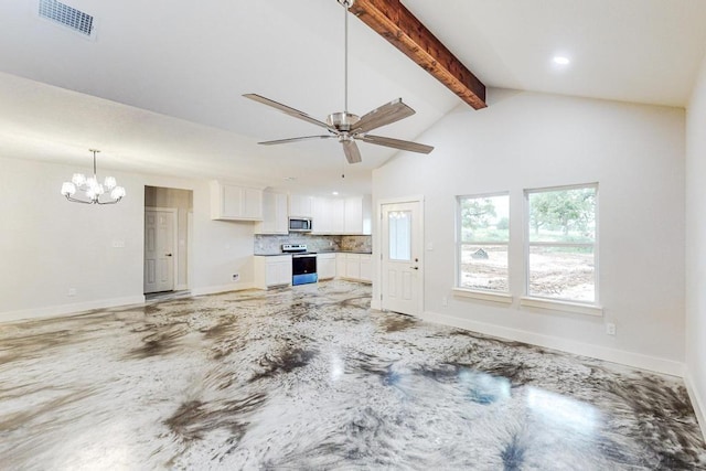 unfurnished living room with beamed ceiling, ceiling fan with notable chandelier, and high vaulted ceiling