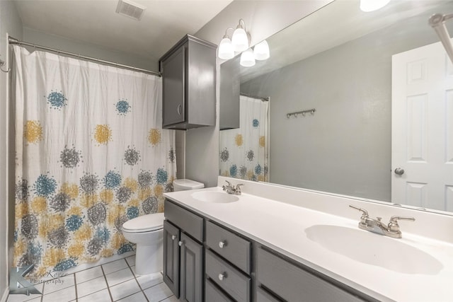 bathroom featuring a shower with curtain, tile patterned floors, toilet, and vanity