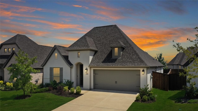 french provincial home featuring a lawn and a garage