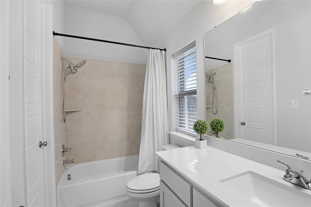 full bathroom with vanity, toilet, shower / bathtub combination with curtain, and lofted ceiling