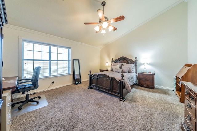 carpeted bedroom with ceiling fan, lofted ceiling, and crown molding