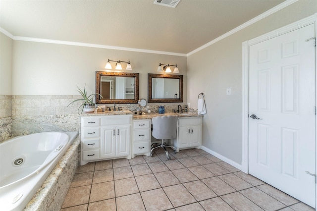 bathroom with crown molding, tile patterned flooring, vanity, and a relaxing tiled tub