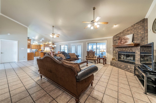 tiled living room with a brick fireplace, ceiling fan, ornamental molding, and vaulted ceiling