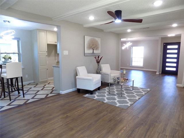 sitting room with beam ceiling, plenty of natural light, and dark wood-type flooring