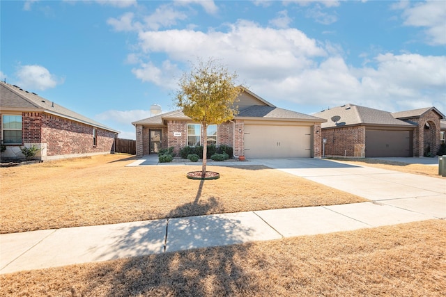 single story home with brick siding, a chimney, concrete driveway, a garage, and a front lawn