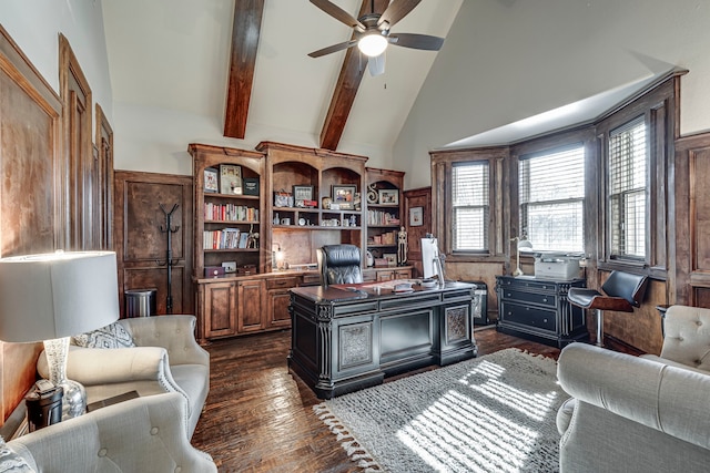 office area with dark hardwood / wood-style flooring, beam ceiling, high vaulted ceiling, and ceiling fan