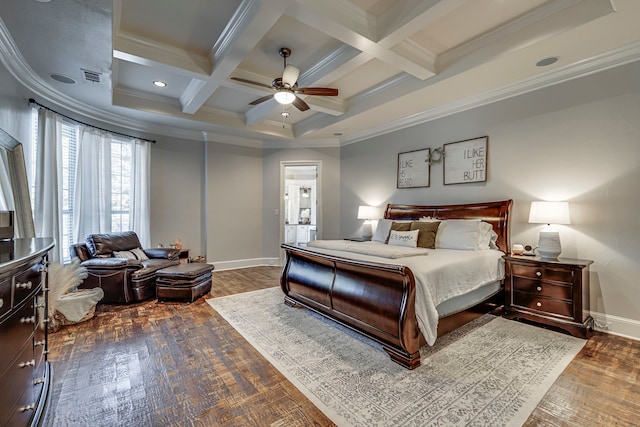 bedroom with coffered ceiling, beam ceiling, dark hardwood / wood-style flooring, and ornamental molding