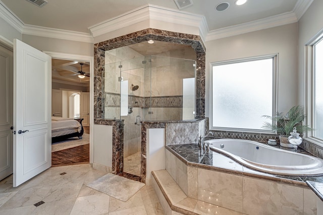 bathroom featuring ornamental molding and independent shower and bath