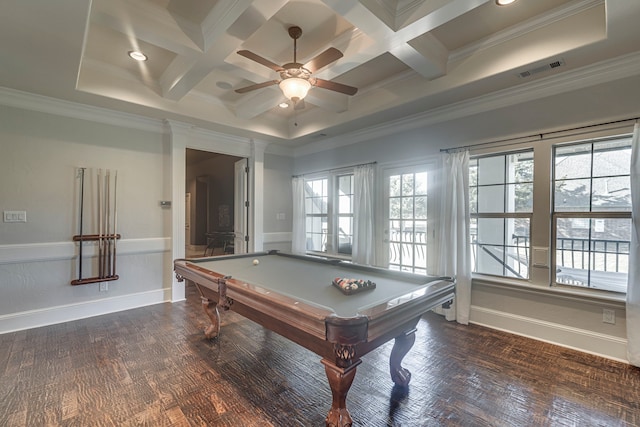 recreation room with billiards, beamed ceiling, coffered ceiling, ceiling fan, and crown molding