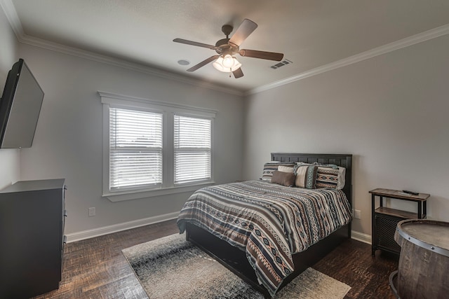 bedroom featuring crown molding, ceiling fan, and dark hardwood / wood-style floors