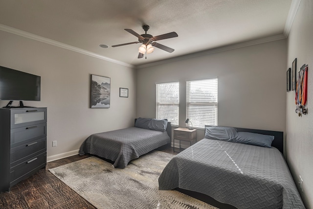 bedroom with ceiling fan, ornamental molding, and dark hardwood / wood-style flooring