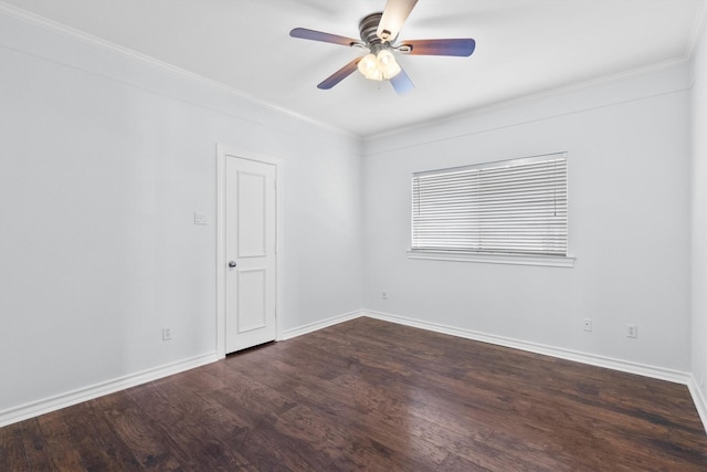 unfurnished room featuring ceiling fan, crown molding, and dark hardwood / wood-style floors