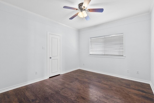 spare room with ceiling fan, dark hardwood / wood-style floors, and ornamental molding