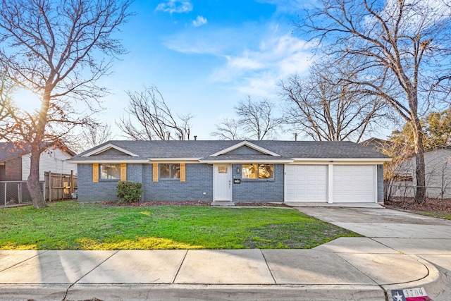 ranch-style house with a front yard and a garage