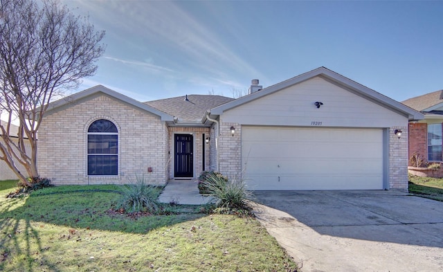 ranch-style house with a front yard and a garage