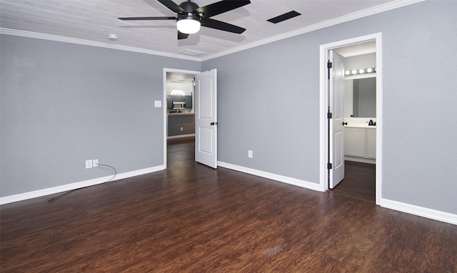 unfurnished bedroom with ensuite bathroom, ceiling fan, crown molding, and dark hardwood / wood-style floors