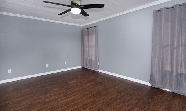 spare room with ceiling fan, dark hardwood / wood-style flooring, and ornamental molding