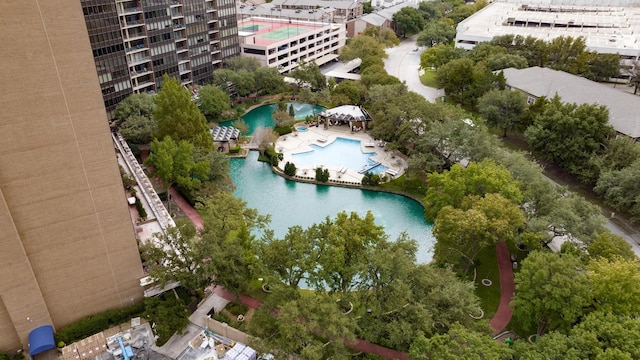 drone / aerial view featuring a water view