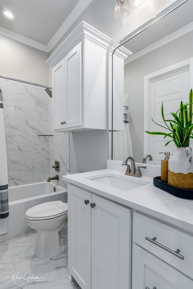 full bathroom with toilet, marble finish floor, ornamental molding, shower / tub combo with curtain, and vanity