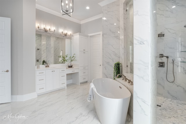 bathroom with vanity, a marble finish shower, a freestanding tub, ornamental molding, and marble finish floor