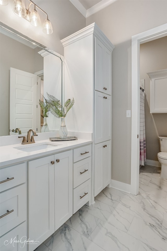 bathroom featuring curtained shower, vanity, and toilet