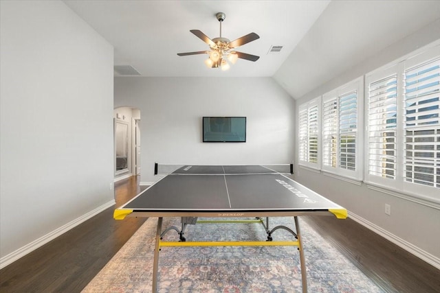 game room featuring dark hardwood / wood-style flooring, ceiling fan, and lofted ceiling