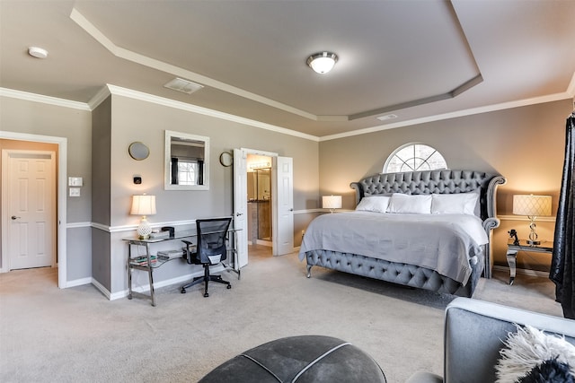 carpeted bedroom with a raised ceiling and crown molding