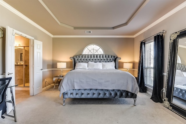 carpeted bedroom featuring a tray ceiling, multiple windows, and ensuite bathroom